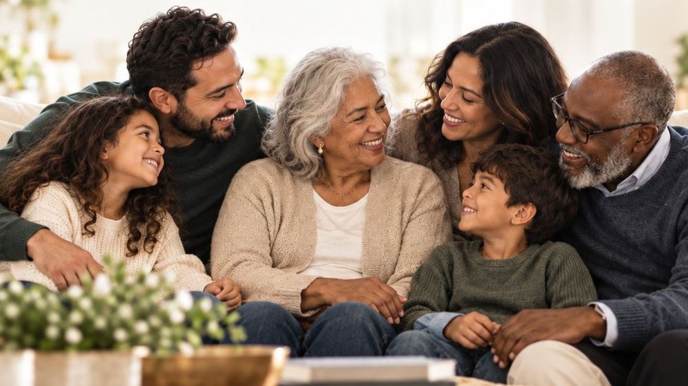 Familia de tres generaciones conversando en la sala